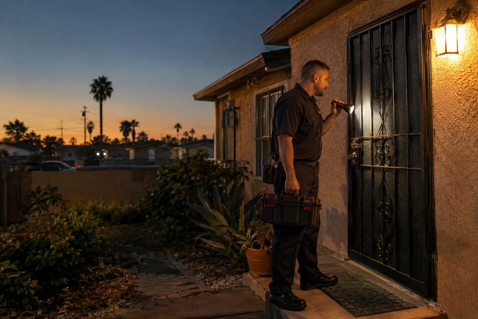A locksmith arriving at night with a flashlight to help a homeowner locked out at a stucco single-story home with a wrought-iron security door in Compton, CA