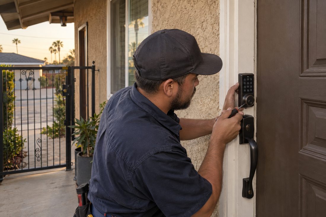 Close view of a locksmith fitting a keypad to a stucco home's front door, showing the lock hardware and surrounding doorframe in Paramount, CA