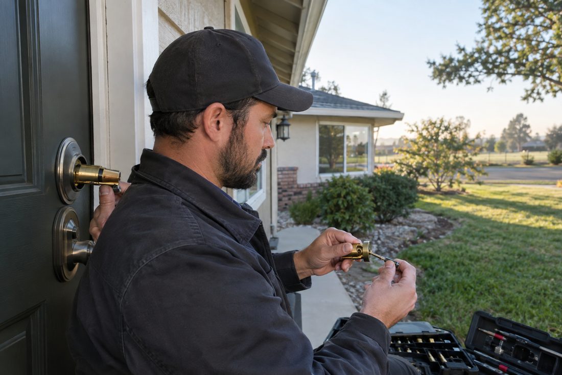 Close view of a locksmith rekeying a brass entry cylinder inside a modest ranch-style home in Richland Farms in Richland Farms, CA
