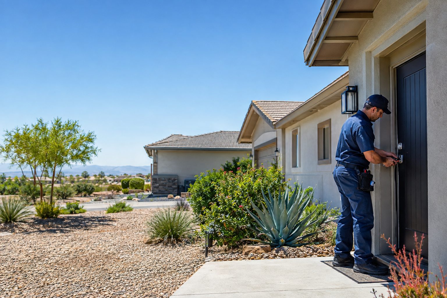 A locksmith checks a front-door deadbolt outside a single-story Richland Farms home on a sunny, dry afternoon in Richland Farms, CA